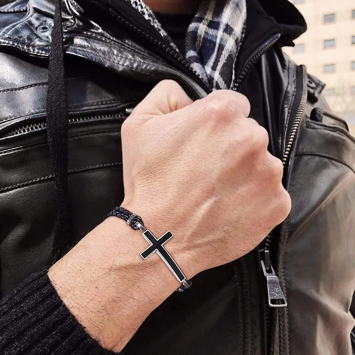Bracelets Mens Cross Bracelet br Braided Sideways Cross Lords Guidance