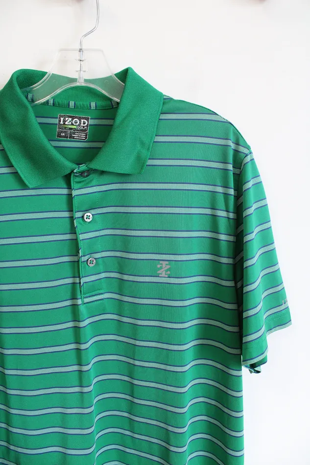 Izod Golf Green Blue Striped Polo Shirt L Izod Rings