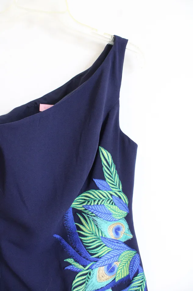 Lilly Pulitzer Rings NEW Lilly Pulitzer Jamie Blue Peacock Feather OneShoulder Sheath Dress 2