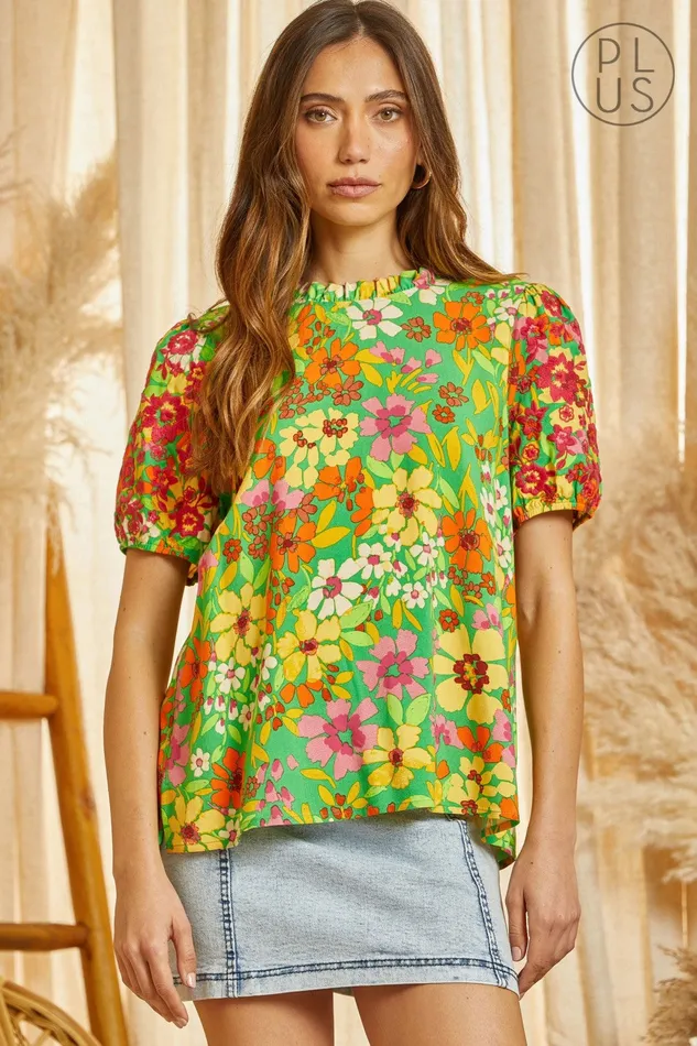 Rings ANDREE BY UNIT RUFFLED NECKLINE FLORAL PRINTED TOP KELLY GREEN