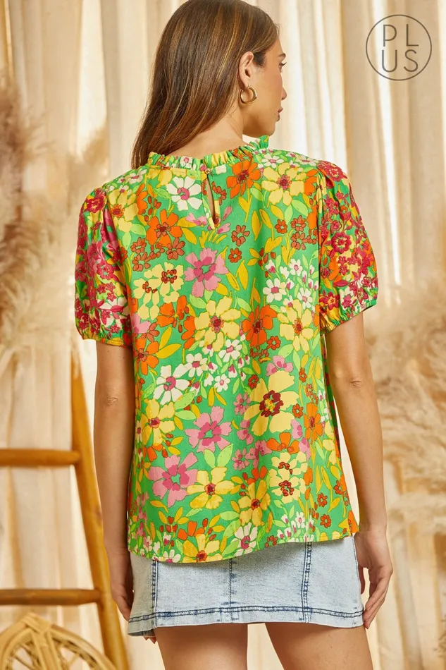 Rings ANDREE BY UNIT RUFFLED NECKLINE FLORAL PRINTED TOP KELLY GREEN