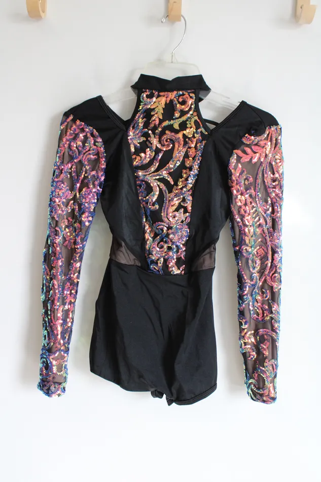 Rings Curtain Call Curtain Call Black Sequined Long Sleeved Leotard ASM