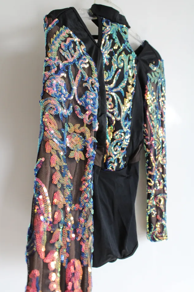 Rings Curtain Call Curtain Call Black Sequined Long Sleeved Leotard ASM