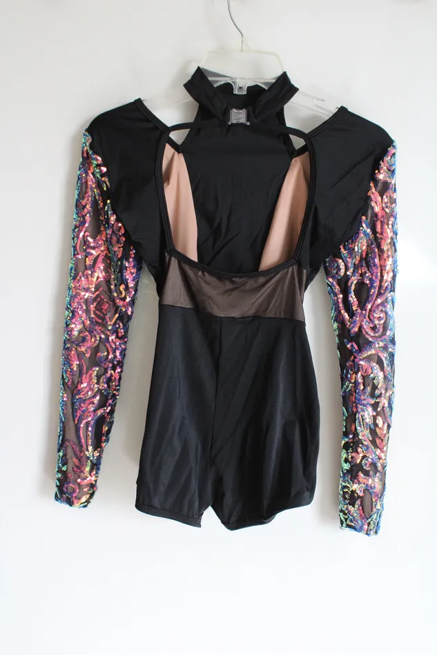 Rings Curtain Call Curtain Call Black Sequined Long Sleeved Leotard ASM