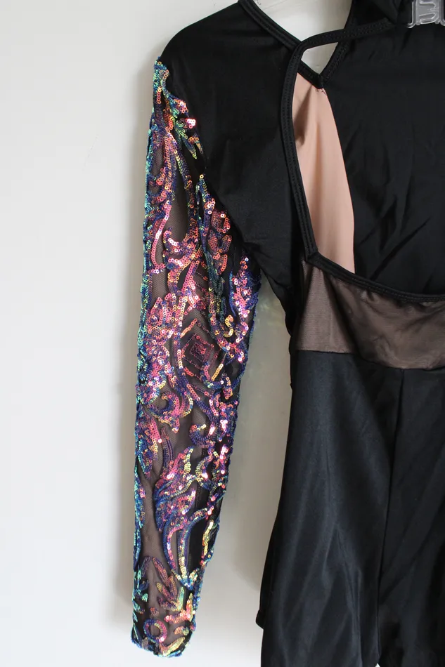 Rings Curtain Call Curtain Call Black Sequined Long Sleeved Leotard ASM