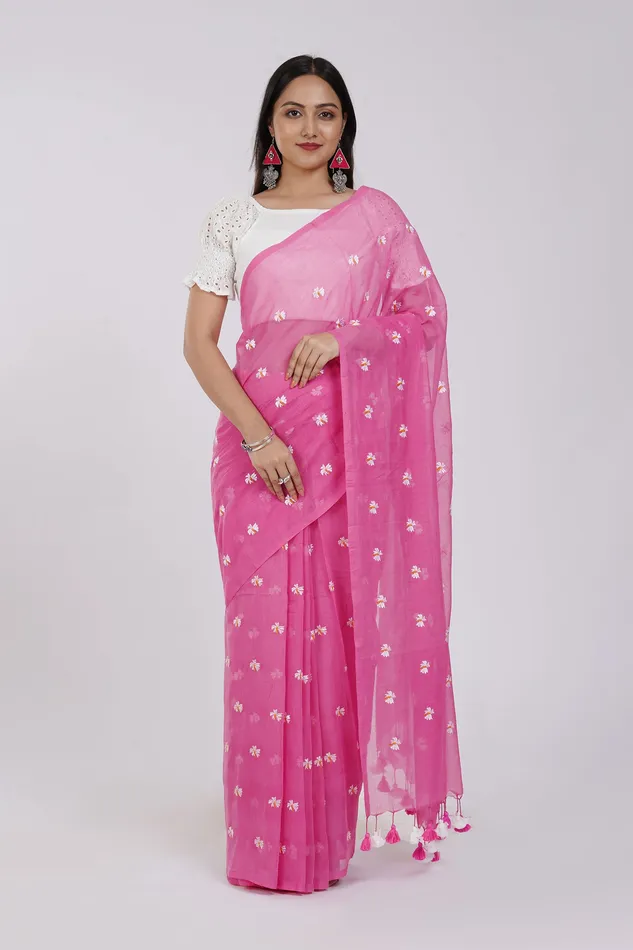 Earrings Teejh Teejh Reiya Pink Embroidered Mulmul Cotton Saree Earrings Teejh Teejh Reiya Pink Embroidered Mulmul Cotton Saree
