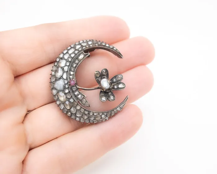 Isadoras LD EarlyVictorian RoseCut Diamond Crescent PendantBrooch Necklaces