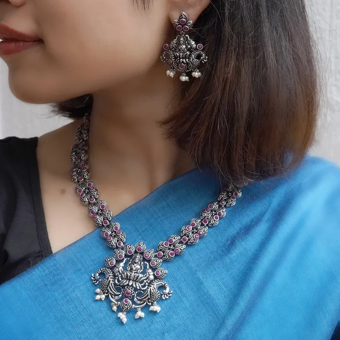 Necklaces Teejh Teejh Saanvi Red Stone Temple Work Necklace Set Necklaces Teejh Teejh Saanvi Red Stone Temple Work Necklace Set