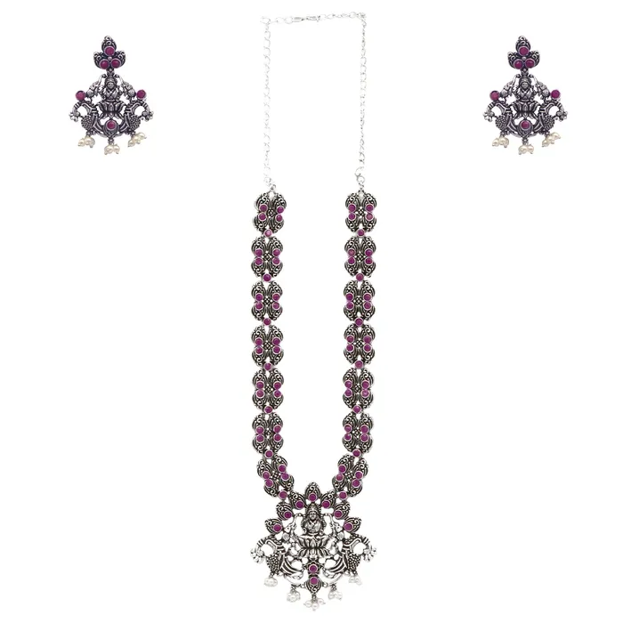 Necklaces Teejh Teejh Saanvi Red Stone Temple Work Necklace Set Necklaces Teejh Teejh Saanvi Red Stone Temple Work Necklace Set