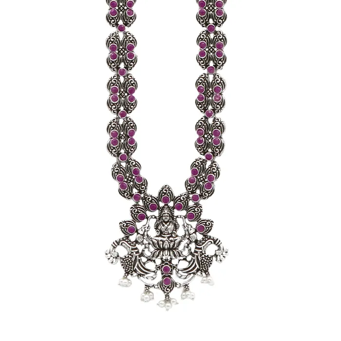 Necklaces Teejh Teejh Saanvi Red Stone Temple Work Necklace Set Necklaces Teejh Teejh Saanvi Red Stone Temple Work Necklace Set