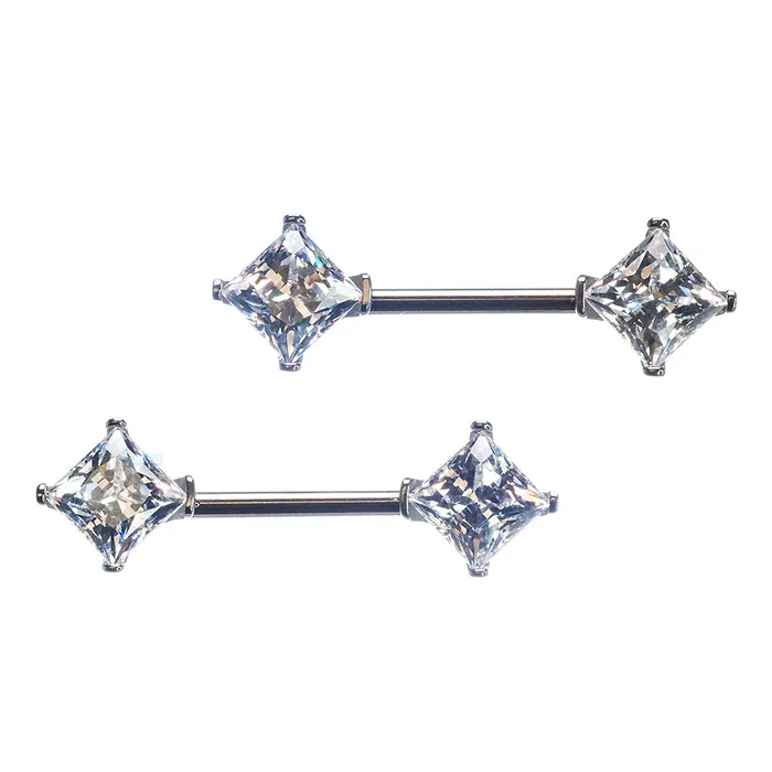 PrincessCut CZ Forward Facing Nipple Barbells in Prongs pair Industrial Strength IS Earrings PrincessCut CZ Forward Facing Nipple Barbells in Prongs pair Industrial Strength IS Earrings