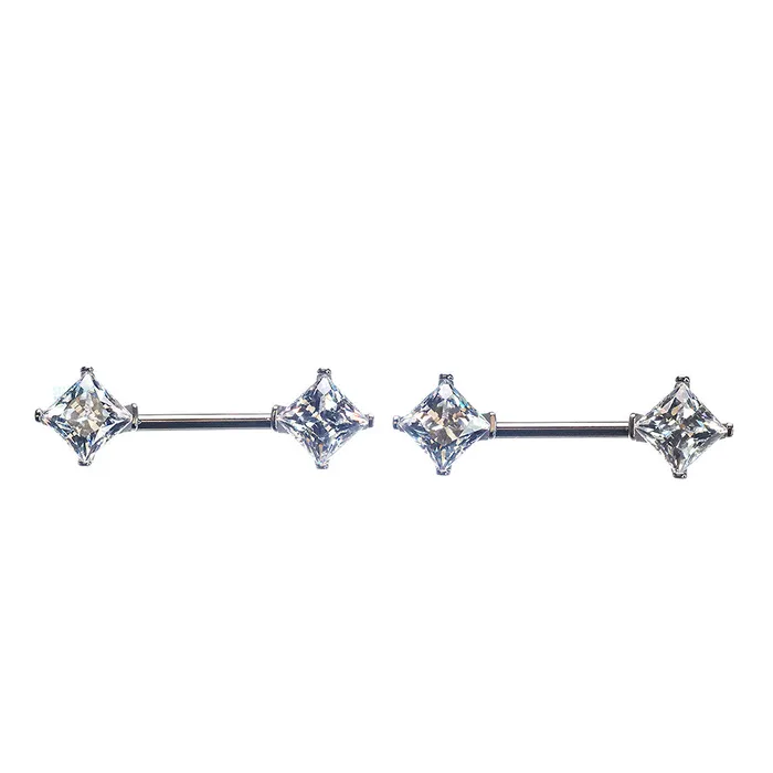 PrincessCut CZ Forward Facing Nipple Barbells in Prongs pair Industrial Strength IS Earrings