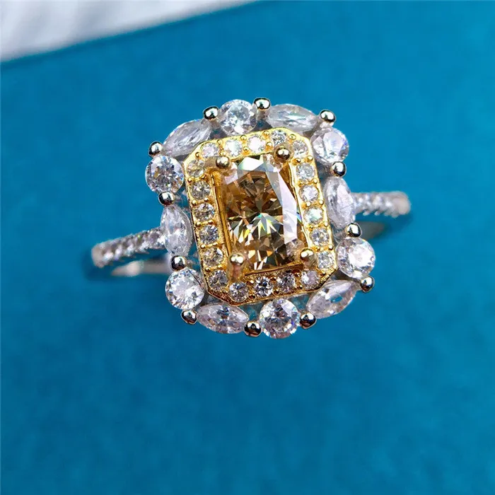 Rings 1 Carat Radiant Cut Moissanite Ring Twotone Double Halo Certified VVS Yellow Leyloon Jewelry Rings 1 Carat Radiant Cut Moissanite Ring Twotone Double Halo Certified VVS Yellow Leyloon Jewelry