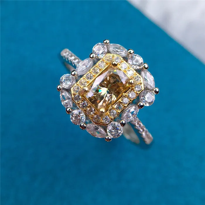 Rings 1 Carat Radiant Cut Moissanite Ring Twotone Double Halo Certified VVS Yellow Leyloon Jewelry
