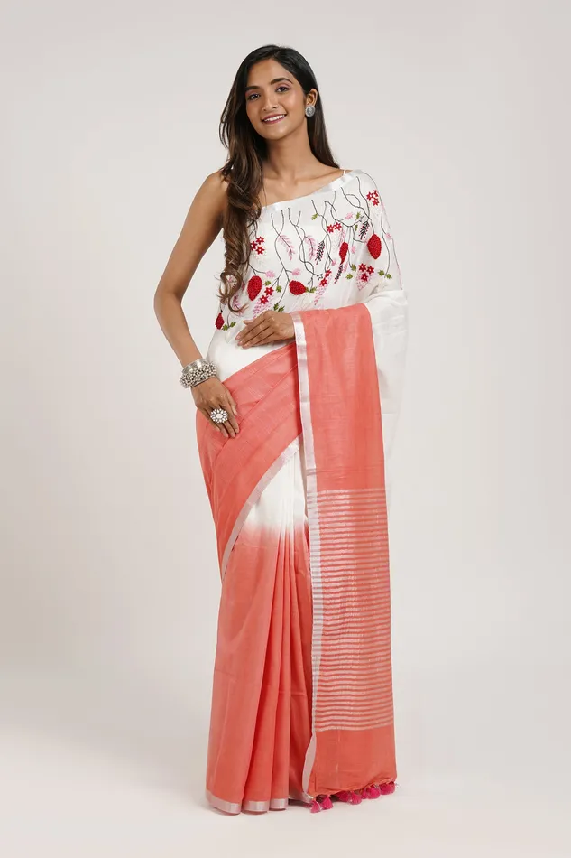 Rings Teejh Teejh Floral Wave Red and White Linen Saree with Blouse Piece Rings Teejh Teejh Floral Wave Red and White Linen Saree with Blouse Piece