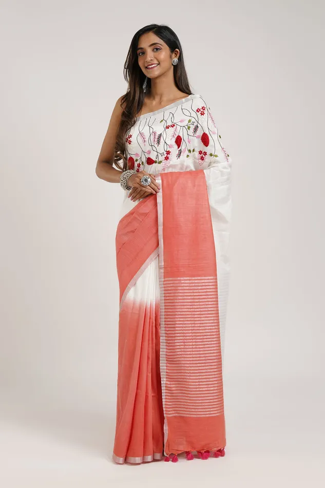 Rings Teejh Teejh Floral Wave Red and White Linen Saree with Blouse Piece Rings Teejh Teejh Floral Wave Red and White Linen Saree with Blouse Piece