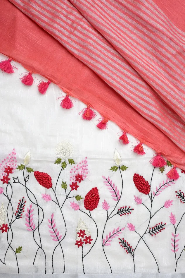 Rings Teejh Teejh Floral Wave Red and White Linen Saree with Blouse Piece Rings Teejh Teejh Floral Wave Red and White Linen Saree with Blouse Piece