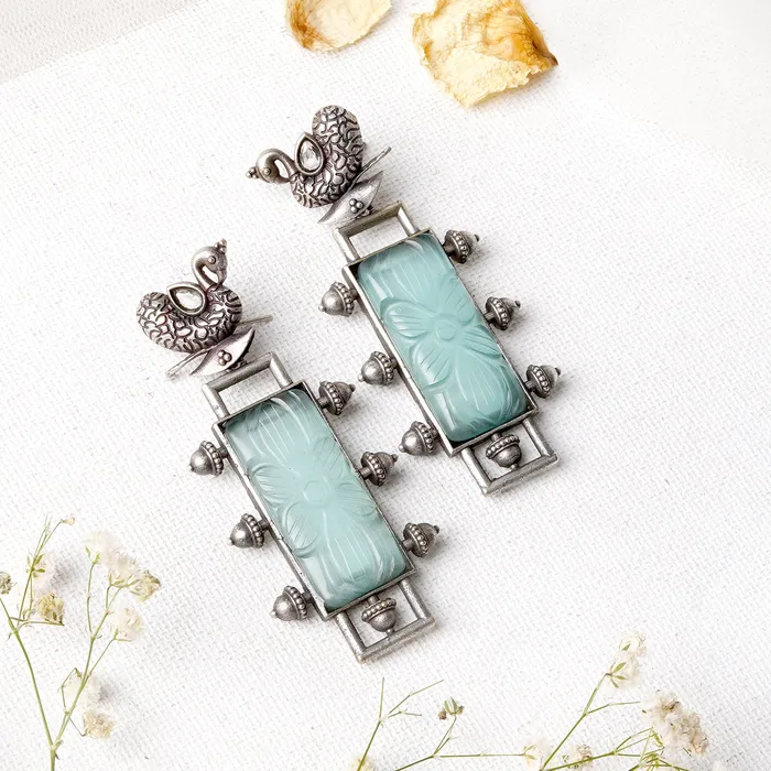Teejh Earrings Teejh Samaira Silver Oxidised Green Stone Earrings