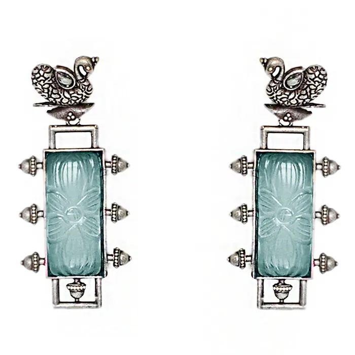 Teejh Earrings Teejh Samaira Silver Oxidised Green Stone Earrings Teejh Earrings Teejh Samaira Silver Oxidised Green Stone Earrings