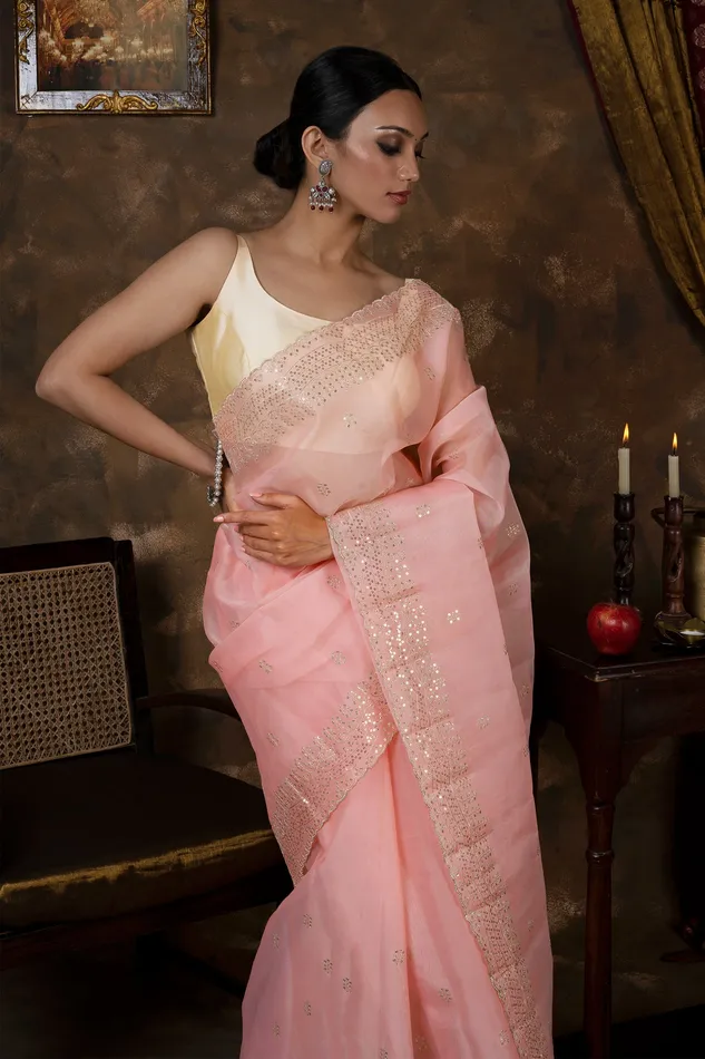 Teejh Kahaana Pink Sequin Embroidery Organza Saree Teejh Earrings Teejh Kahaana Pink Sequin Embroidery Organza Saree Teejh Earrings