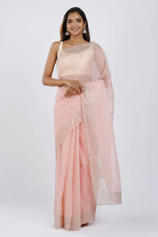 Teejh Kahaana Pink Sequin Embroidery Organza Saree Teejh Earrings Teejh Kahaana Pink Sequin Embroidery Organza Saree Teejh Earrings