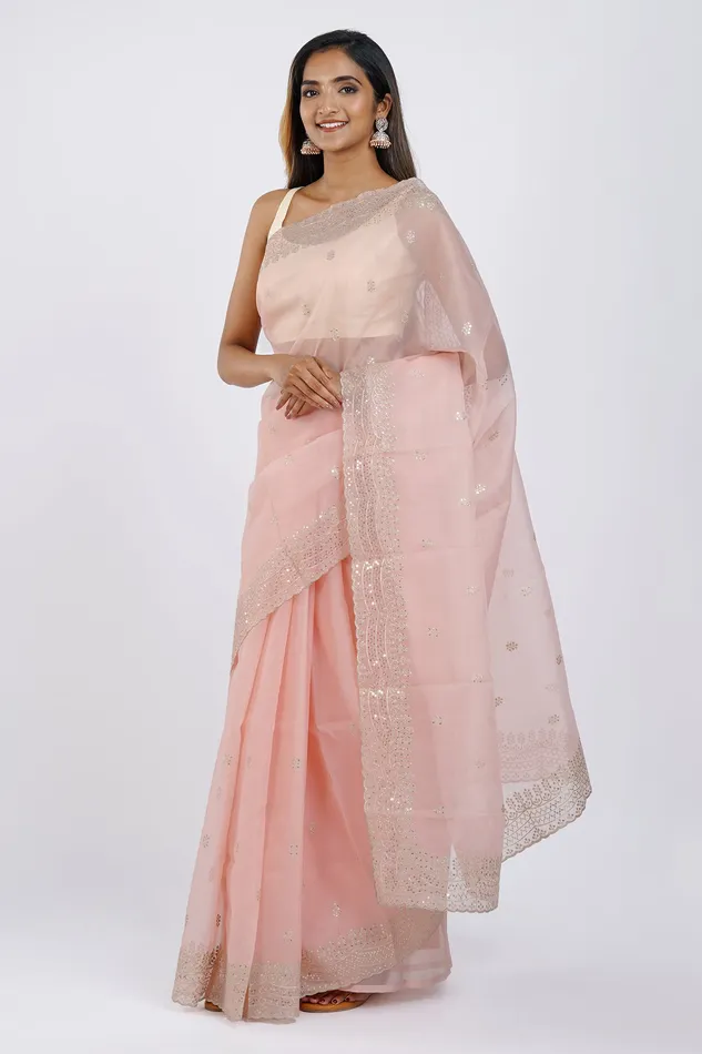 Teejh Kahaana Pink Sequin Embroidery Organza Saree Teejh Earrings Teejh Kahaana Pink Sequin Embroidery Organza Saree Teejh Earrings