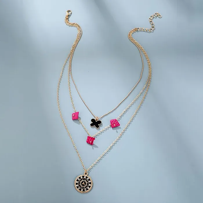 01 Necklaces N695 Gold Multi Layer Hot Pink Accent Necklace with FREE Earrings