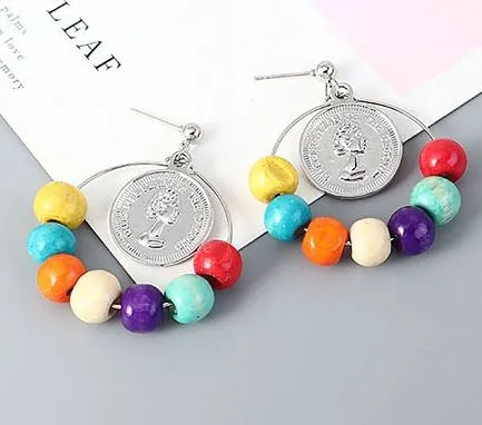 02 Earrings E237 Silver Queen Elizabeth Coin Multi Color Wooden Bead Hoop Earrings