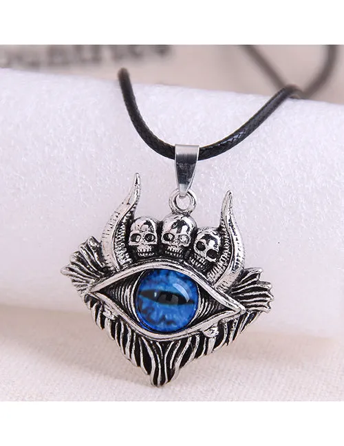 02 Necklaces N1836 Silver Blue Eyeball Skulls Horns Necklace