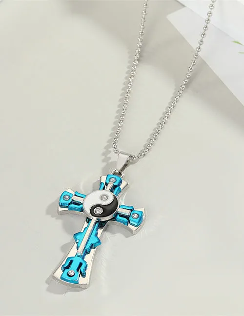 02 Necklaces N2103 Silver Blue Cross Yin Yang Necklace