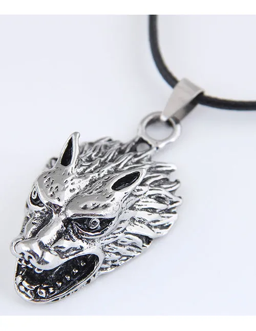 02 Necklaces N92 Silver Wolf Head Pendant on Leather Cord Necklace