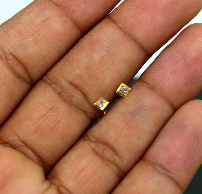 35mm or 4mm tiny single stone handmade 18kt yellow gold combo jewelry ear stud or nose stud baby stud cartilage jewelry er112 TRIBAL ORNAMENTS Earrings