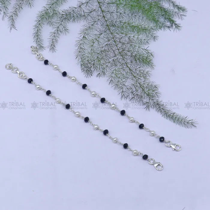 Bracelets TRIBAL ORNAMENTS 925 sterling silver and black beaded chain bracelet Combo use bracelet or anklets baby or girls bracelet mbr011