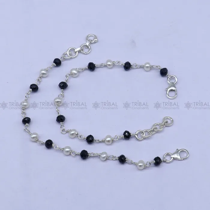 Bracelets TRIBAL ORNAMENTS 925 sterling silver and black beaded chain bracelet Combo use bracelet or anklets baby or girls bracelet mbr011
