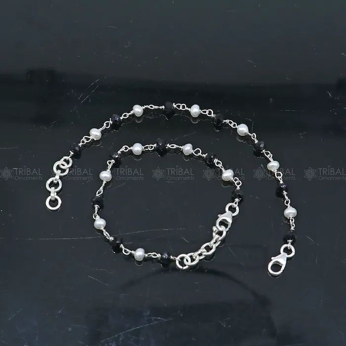 Bracelets TRIBAL ORNAMENTS 925 sterling silver and black beaded chain bracelet Combo use bracelet or anklets baby or girls bracelet mbr011