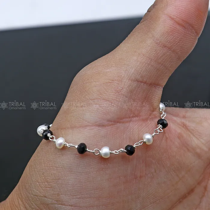 Bracelets TRIBAL ORNAMENTS 925 sterling silver and black beaded chain bracelet Combo use bracelet or anklets baby or girls bracelet mbr011