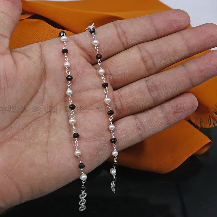 Bracelets TRIBAL ORNAMENTS 925 sterling silver and black beaded chain bracelet Combo use bracelet or anklets baby or girls bracelet mbr011