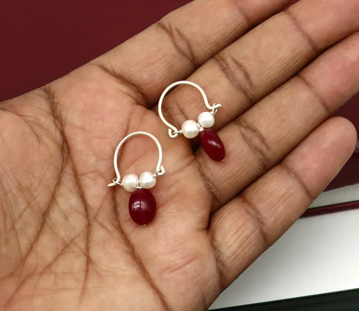 Earrings 925 sterling silver custom made hoops earring gorgeous hanging pearls drops hoops earring stunning brides gifting jewelry s910 TRIBAL ORNAMENTS
