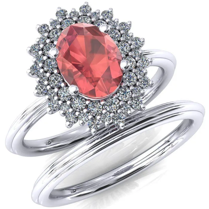 Eridanus Oval Padparadscha Sapphire Cluster Diamond Halo Wedding Ring Fire Brilliance Rings Eridanus Oval Padparadscha Sapphire Cluster Diamond Halo Wedding Ring Fire Brilliance Rings