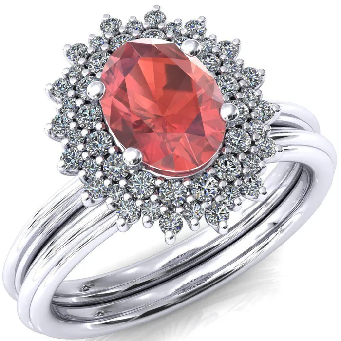 Eridanus Oval Padparadscha Sapphire Cluster Diamond Halo Wedding Ring Fire Brilliance Rings