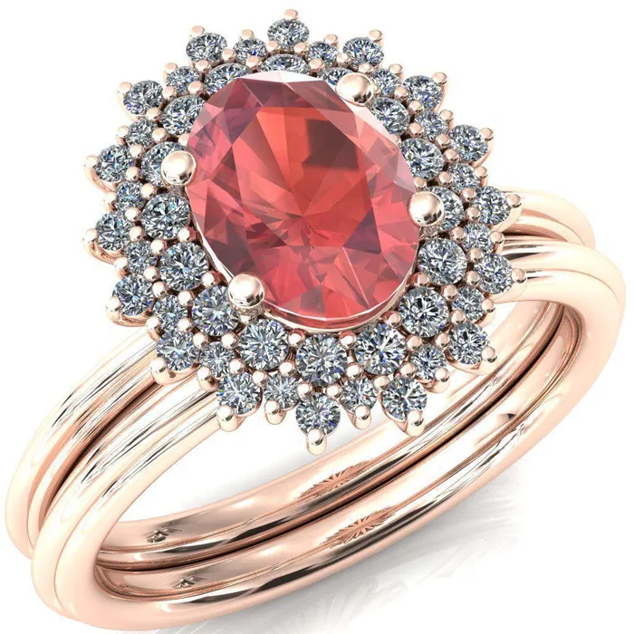 Eridanus Oval Padparadscha Sapphire Cluster Diamond Halo Wedding Ring Fire Brilliance Rings