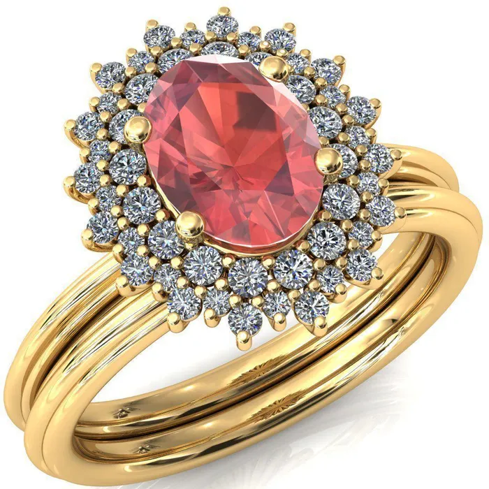 Eridanus Oval Padparadscha Sapphire Cluster Diamond Halo Wedding Ring Fire Brilliance Rings