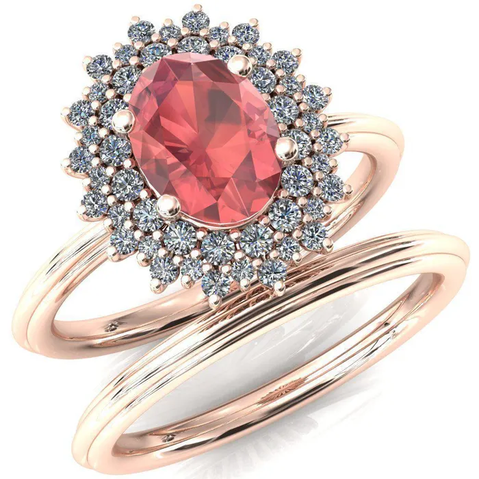 Eridanus Oval Padparadscha Sapphire Cluster Diamond Halo Wedding Ring Fire Brilliance Rings