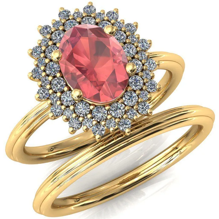 Eridanus Oval Padparadscha Sapphire Cluster Diamond Halo Wedding Ring Fire Brilliance Rings