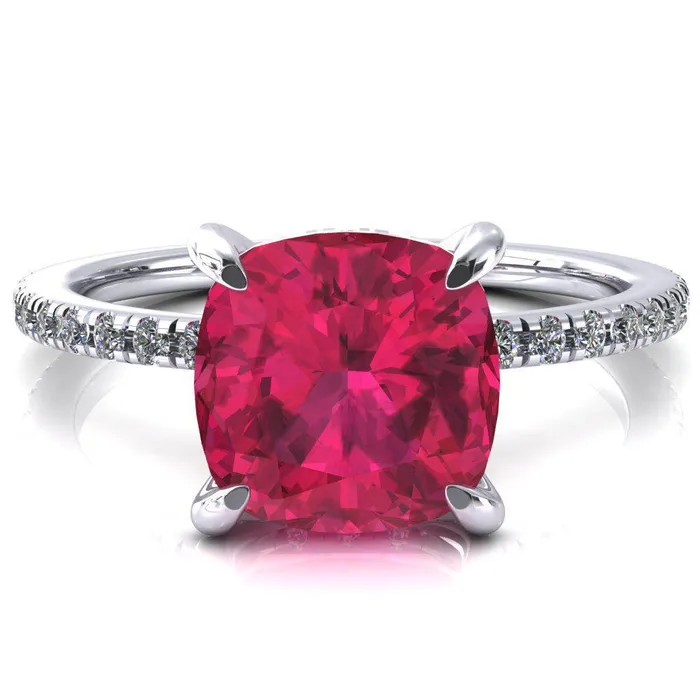 Fire Brilliance Rings Ezili Cushion Ruby 4 Claw Prong Micro Pave Diamond Sides Engagement Ring Fire Brilliance Rings Ezili Cushion Ruby 4 Claw Prong Micro Pave Diamond Sides Engagement Ring