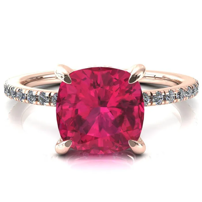 Fire Brilliance Rings Ezili Cushion Ruby 4 Claw Prong Micro Pave Diamond Sides Engagement Ring