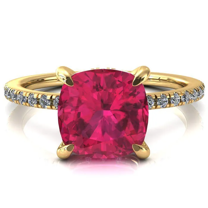 Fire Brilliance Rings Ezili Cushion Ruby 4 Claw Prong Micro Pave Diamond Sides Engagement Ring