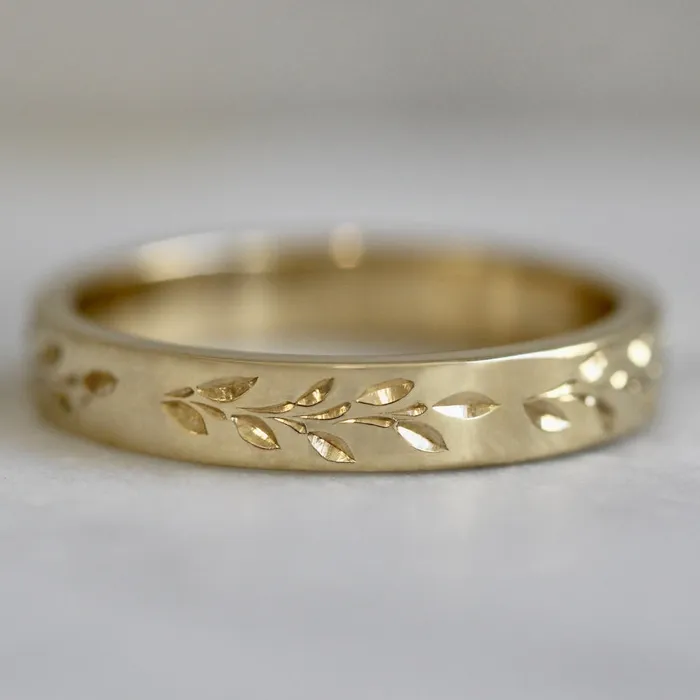 Golden Grove Vine Engraved Band Made By Gem Breakfast Rings