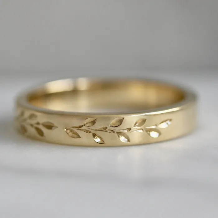 Golden Grove Vine Engraved Band Made By Gem Breakfast Rings