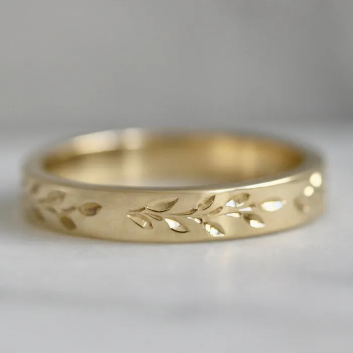 Golden Grove Vine Engraved Band Made By Gem Breakfast Rings